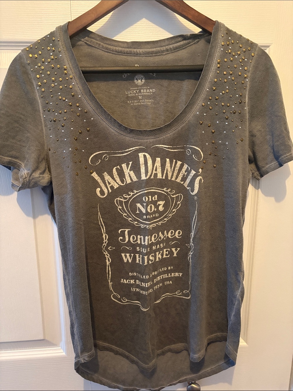Lucky Brand Gray Tee with Gold Stud Shoulder Embellishments